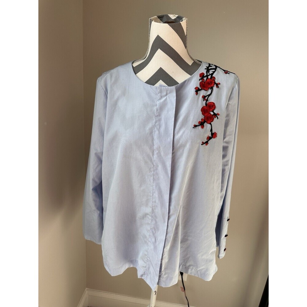 Mirto Spain Cotton Cherry Blossom Floral Applique Blouse Blue EU 48 US XL